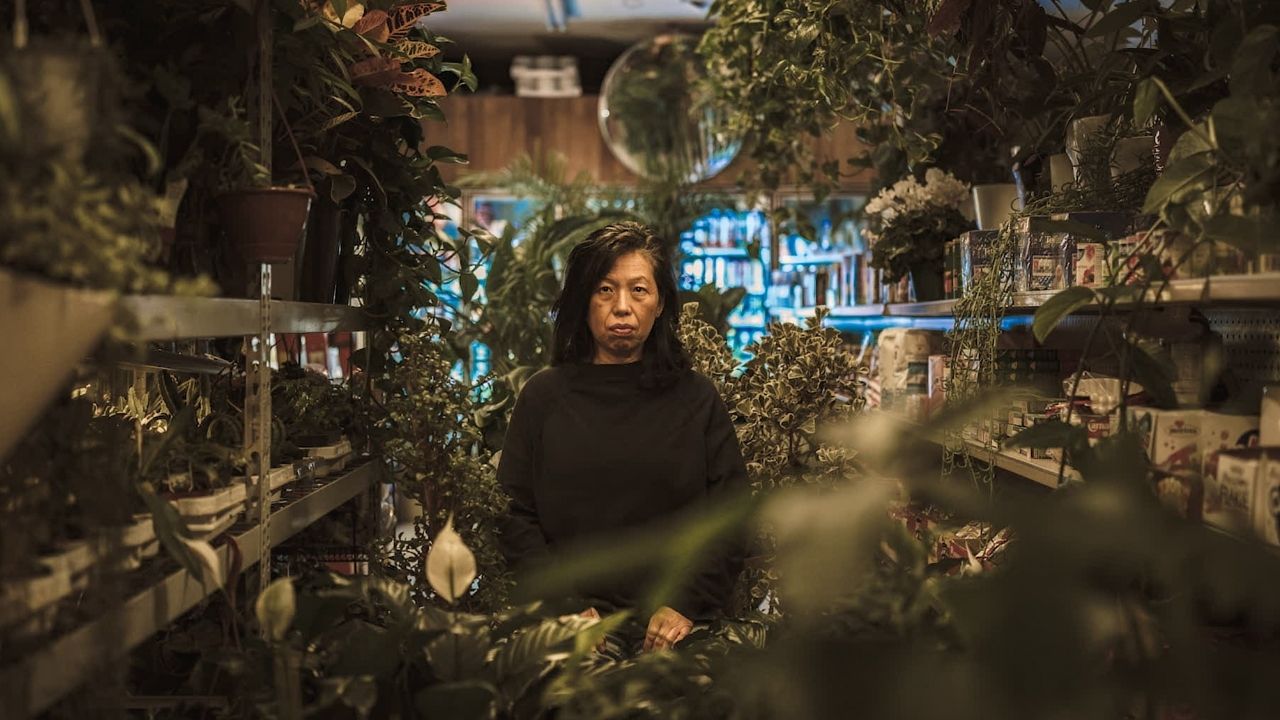 Min Sook Lee in a store with houseplants
